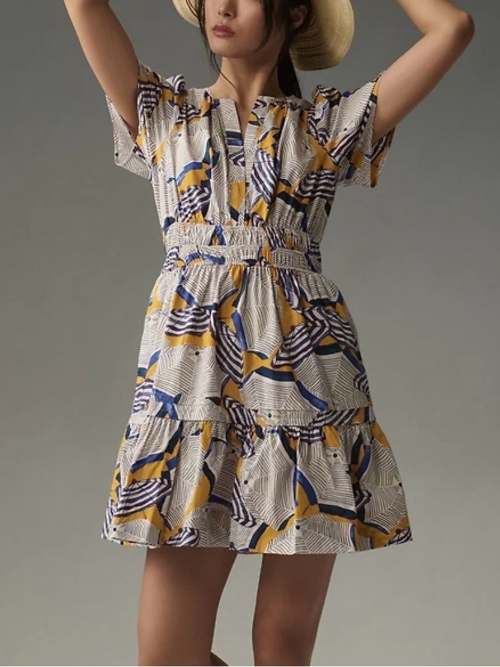 Anthropologie Somerset Mini Dress Yellow Blue Umbrella Print Size Medium